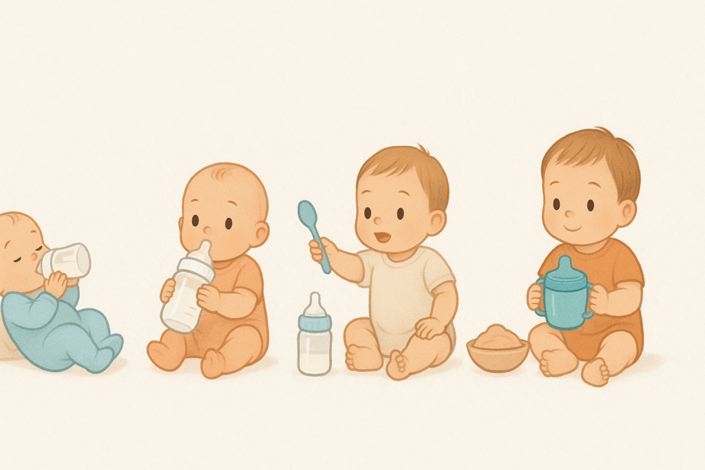Visual timeline showing how to bottle feed a newborn through infant growth stages, from bottle to spoon and sippy cup.