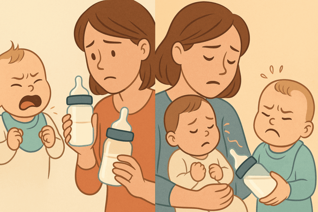 Infographic showing how to bottle feed a newborn by addressing four common challenges—bottle refusal, colic, reflux, and feeding aversions—with expressive baby reactions and caregiver techniques
