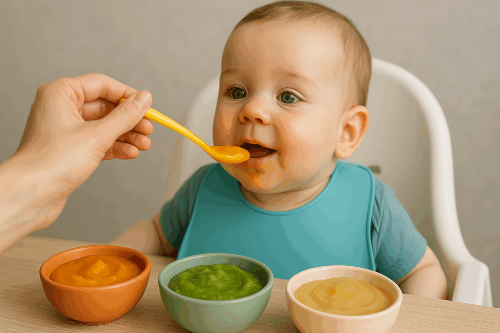 Caregiver spoon-feeding an infant colorful vegetable and fruit purees, illustrating the structured feeding style in the blw vs puree debate.