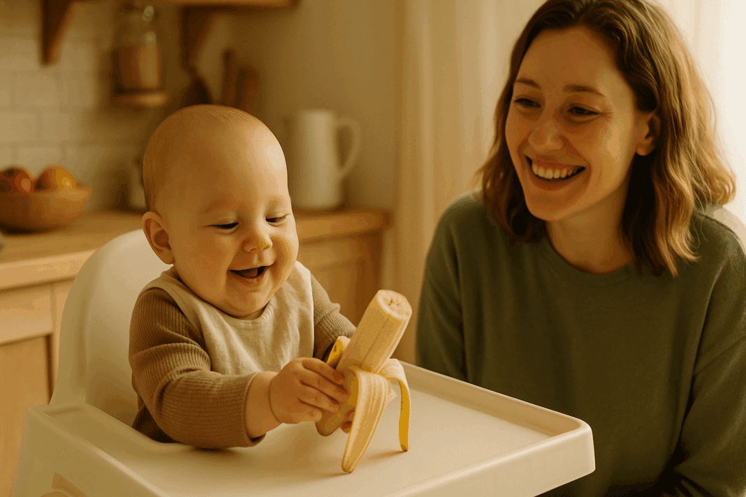 Happy infant in a highchair reaching for a baby led weaning banana while a smiling parent looks on in a cozy kitchen.