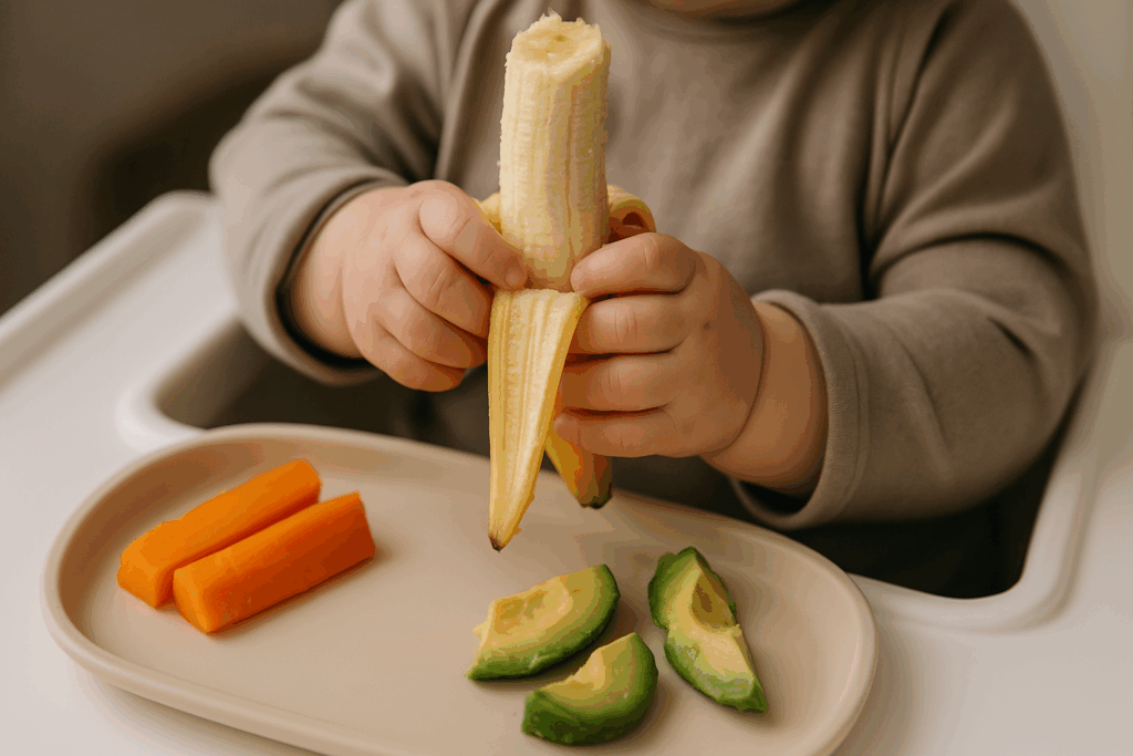 Baby gripping a peeled banana with the skin as a handle during baby led weaning banana meal, with avocado and carrot sticks on a tray.
