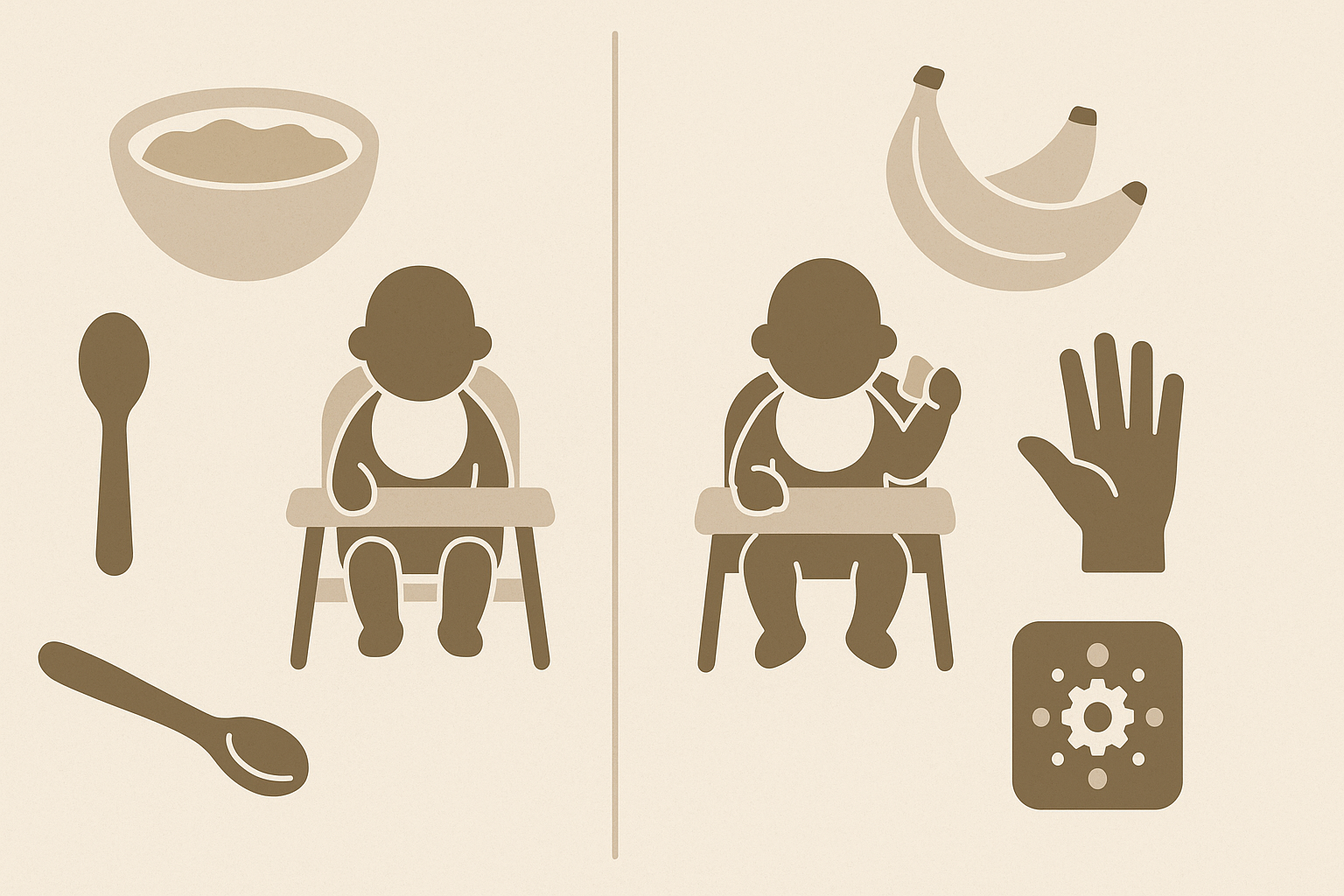 Side-by-side infographic comparing puree feeding and the baby led weaning banana method, showing food prep, utensils, and infant self-feeding behavior.