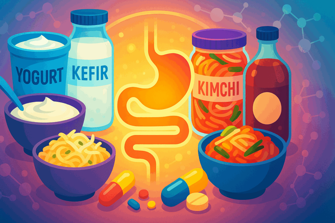 Colorful illustration of popular probiotics like yogurt, kefir, kimchi, sauerkraut, kombucha, and capsules encircling a glowing digestive tract.