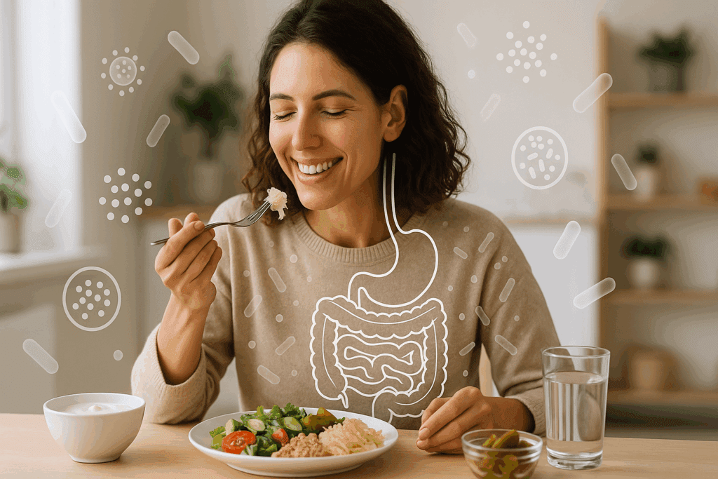 Smiling woman eating a probiotic-rich meal with visual overlays of digestive organs and microbiome particles, promoting popular probiotics for gut health.