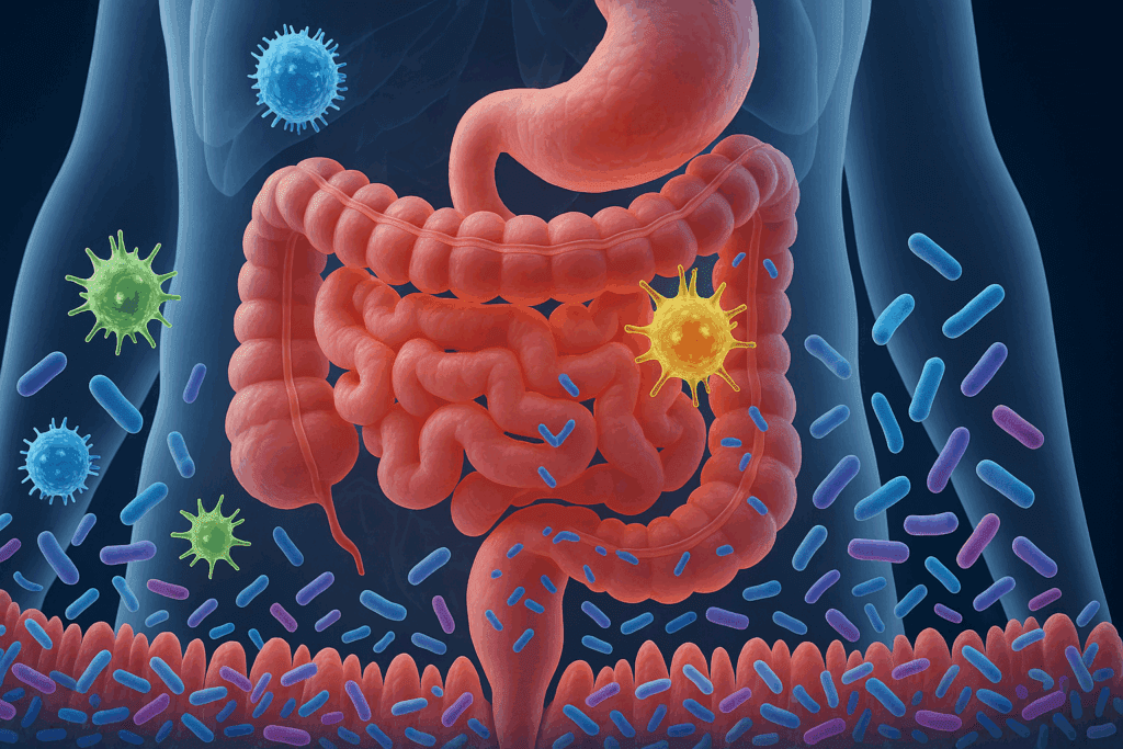 Digestive system with immune cells and popular probiotics interacting along the gut wall, highlighting gut-immune synergy.