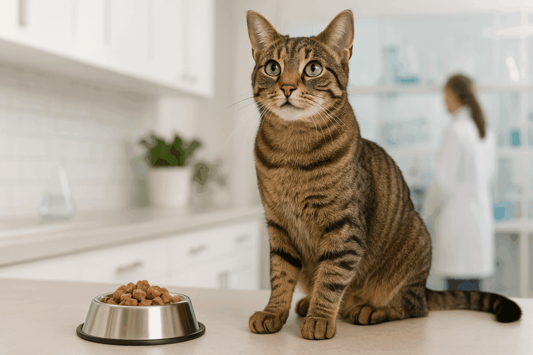 Sleek tabby cat beside a bowl of high-protein food in a bright kitchen, reflecting Dr. Elsey’s Special Diets for Cats.