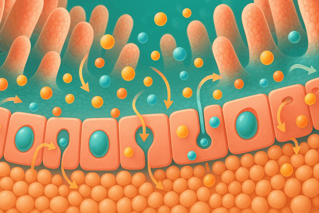 Microscopic view of nutrient absorption in the digestive tract, illustrating how boosted pro dietary supplements support cellular uptake.