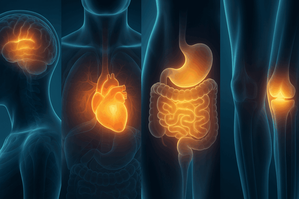 Illustration of brain, heart, digestive system, and joints glowing in harmony to show how boosted pro dietary supplements support core wellness functions.