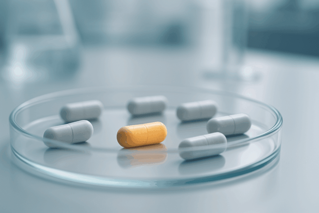 Clear lab dish holding various supplement capsules under sterile lighting, with one 82mg dose highlighted—representing boosted pro dietary supplements.