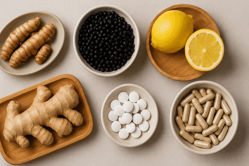Top-view of colorful ingredients used in immune drinks, including turmeric root, elderberries, lemons, ginger, zinc tablets, and probiotic capsules in ceramic and wooden bowls on a neutral kitchen counter.