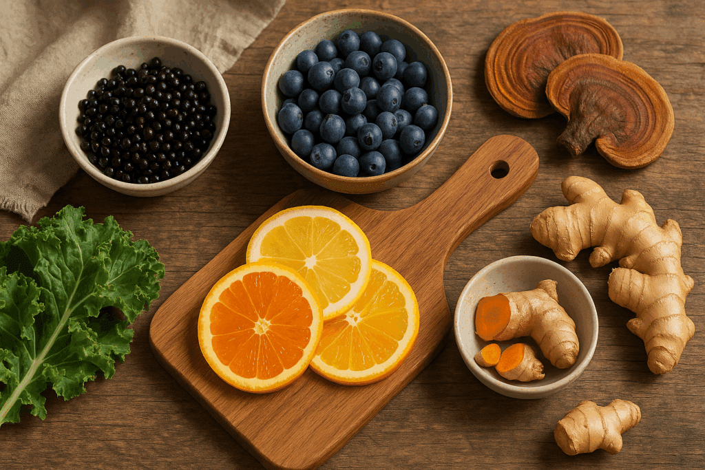 Superfoods like elderberries, blueberries, citrus slices, leafy greens, ginger, turmeric, and reishi mushrooms arranged on a rustic table—key ingredients in immune drinks.