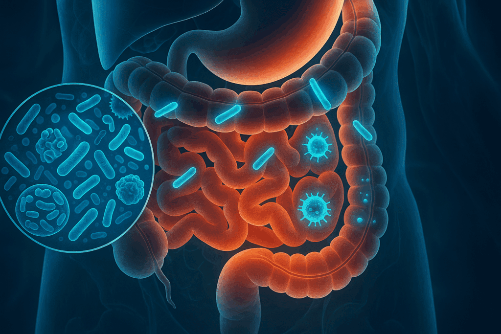 3D medical illustration of gut microbiota and immune cells in the digestive system, conceptually linking gut health to immune drinks