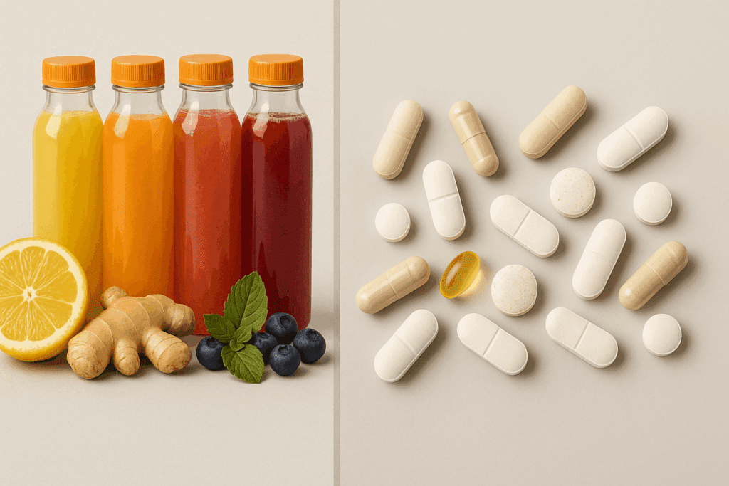 Immune drinks in vibrant bottles featuring natural ingredients like lemon, ginger, and blueberries, visually contrasted with rows of traditional supplement pills