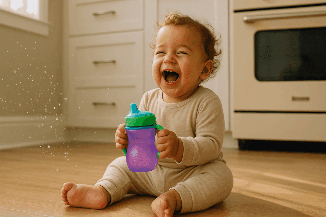 Smiling toddler sitting on a kitchen floor holding a colorful leak proof sippy cup with water droplets splashing in sunlight