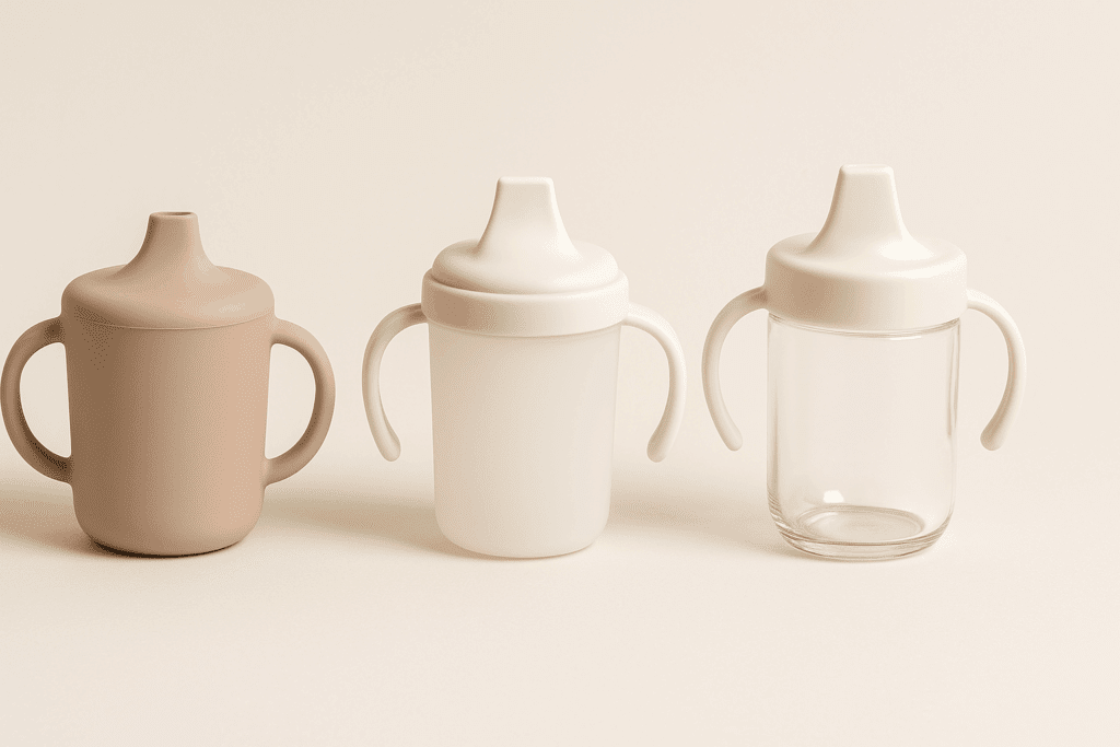 Side-by-side comparison of a silicone sippy cup, a plastic cup, and a glass cup on a neutral background