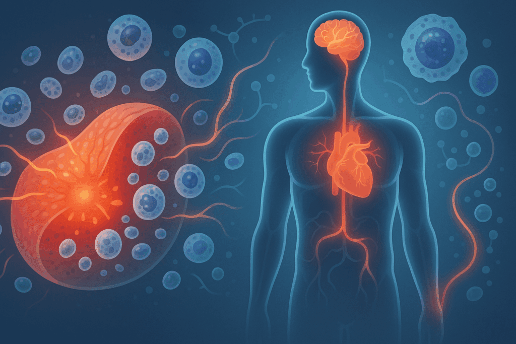 Conceptual medical illustration contrasting acute and chronic inflammation in the body, highlighting red swollen tissue with immune cells for acute inflammation and internal damage in organs like the brain, heart, and joints for chronic inflammation. This visual represents inflammation pathways and cellular effects, aligning with the focus on anti inflammatory drink for health and wellness.
