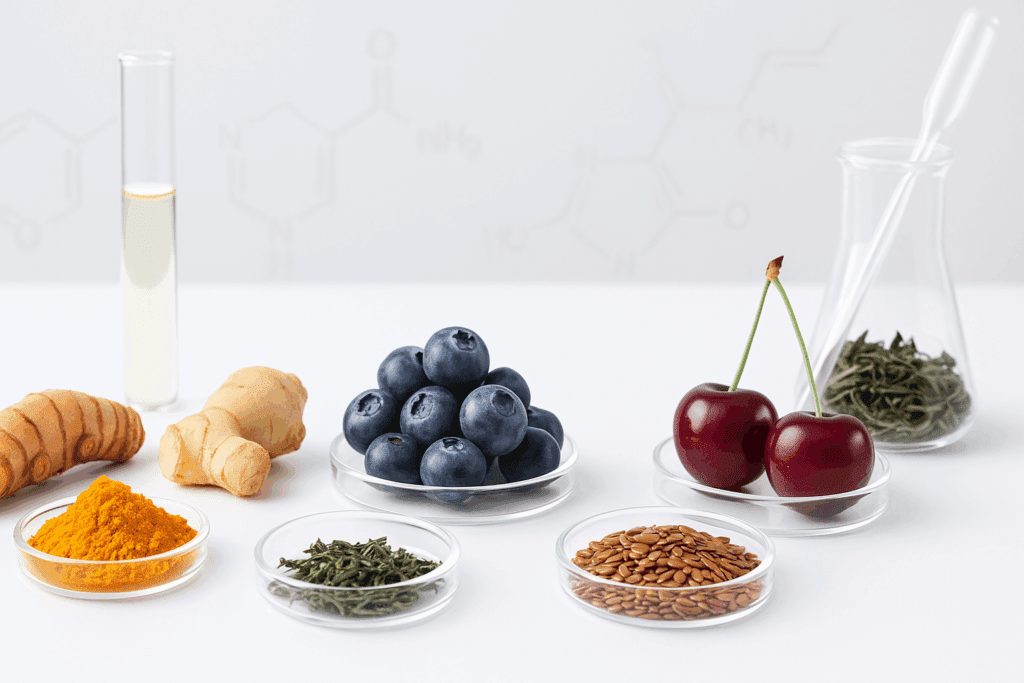 Anti-inflammatory drink ingredients including turmeric, ginger, blueberries, tart cherries, green tea leaves, and flaxseeds arranged on a white surface with scientific lab instruments, highlighting their potential health benefits.
