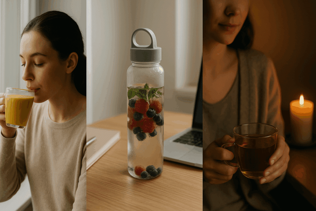 Triptych showcasing daily wellness routines with an anti inflammatory drink: morning turmeric latte by the window, midday fruit-infused water on a work desk, and evening herbal tea by candlelight