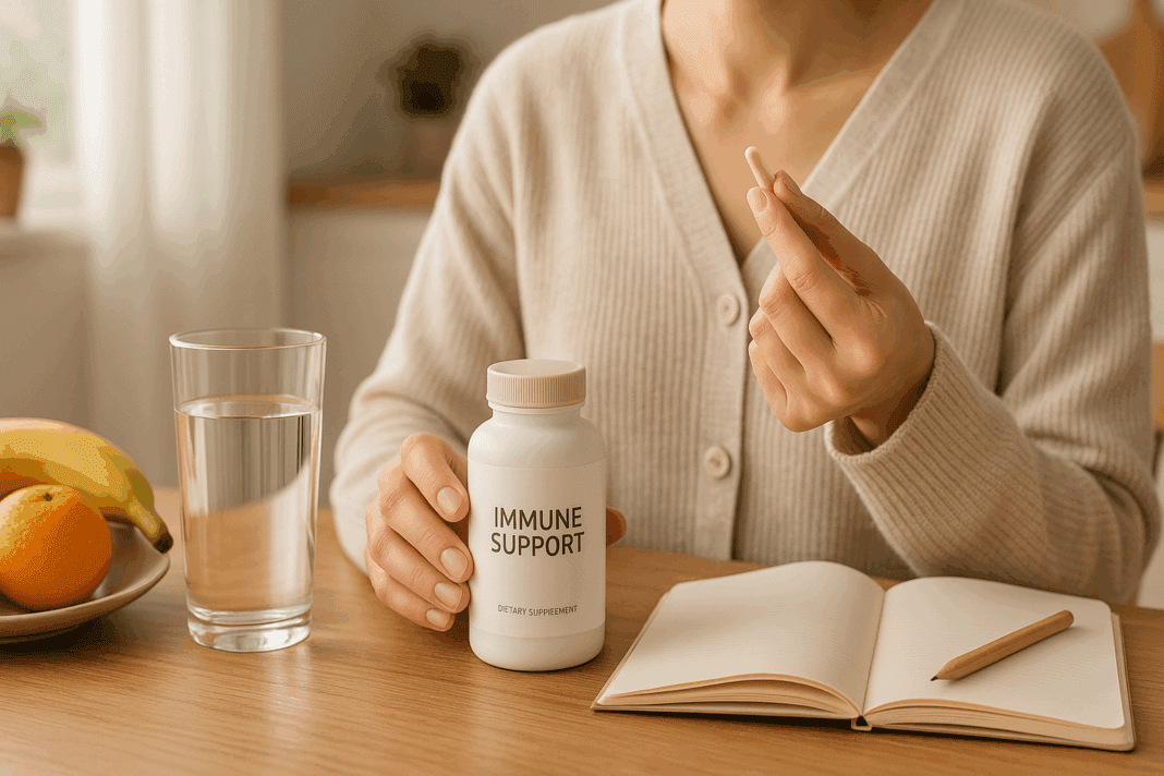 Person taking an immune support supplement capsule with water beside fresh fruit and a journal in a sunlit kitchen.