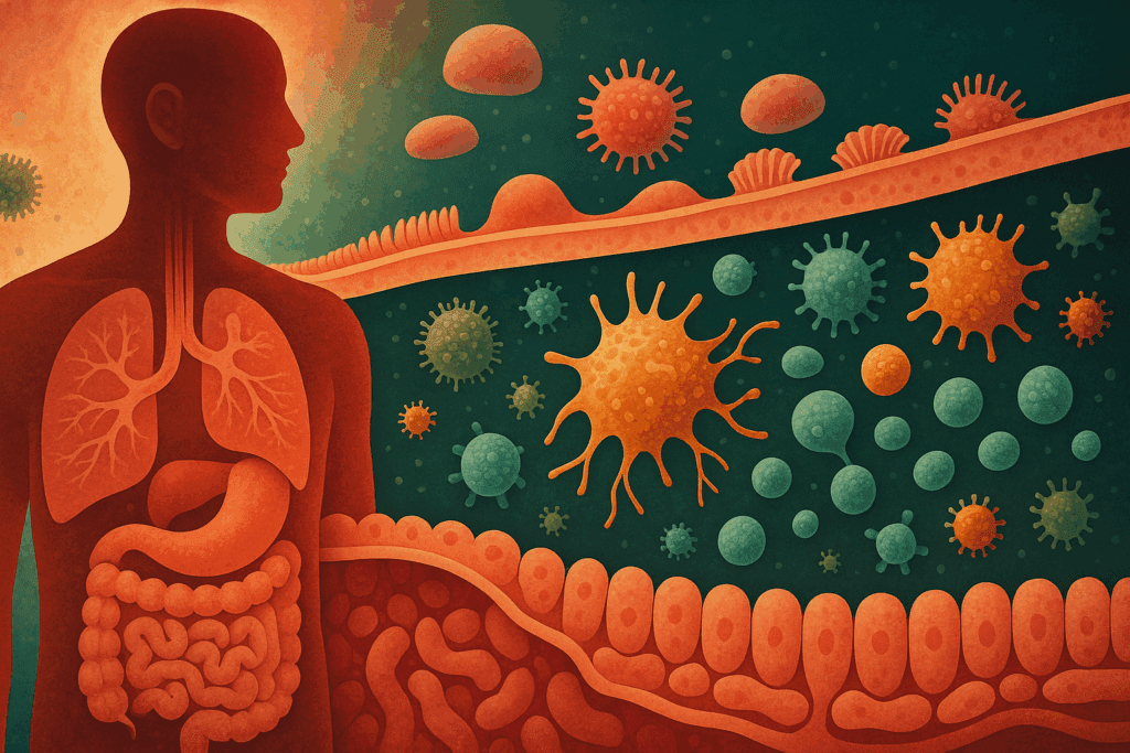 Conceptual cross-section of the human body showing skin, gut lining, and immune cells like macrophages and lymphocytes working together, representing how an immune support supplement aids both innate and adaptive immunity.