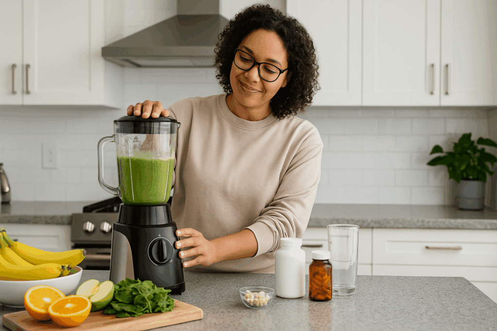 Woman preparing a green smoothie in a modern kitchen with fresh fruits, leafy greens, and immune support supplement bottles nearby.