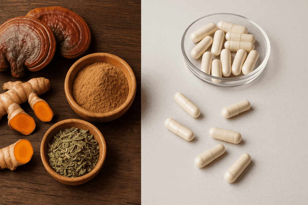 Herbal ingredients like turmeric and reishi mushrooms beside modern capsules on a split background, comparing types of immune support supplements.