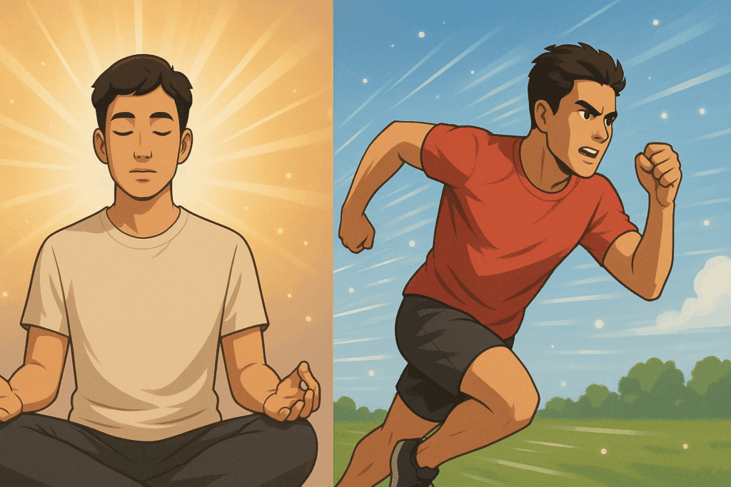 Split-screen image showing the benefits of the best energy capsule: on the left, a person meditating with a calm focus and glowing aura, symbolizing mental vitality; on the right, a person sprinting outdoors with energetic motion and light beams, representing physical vitality.