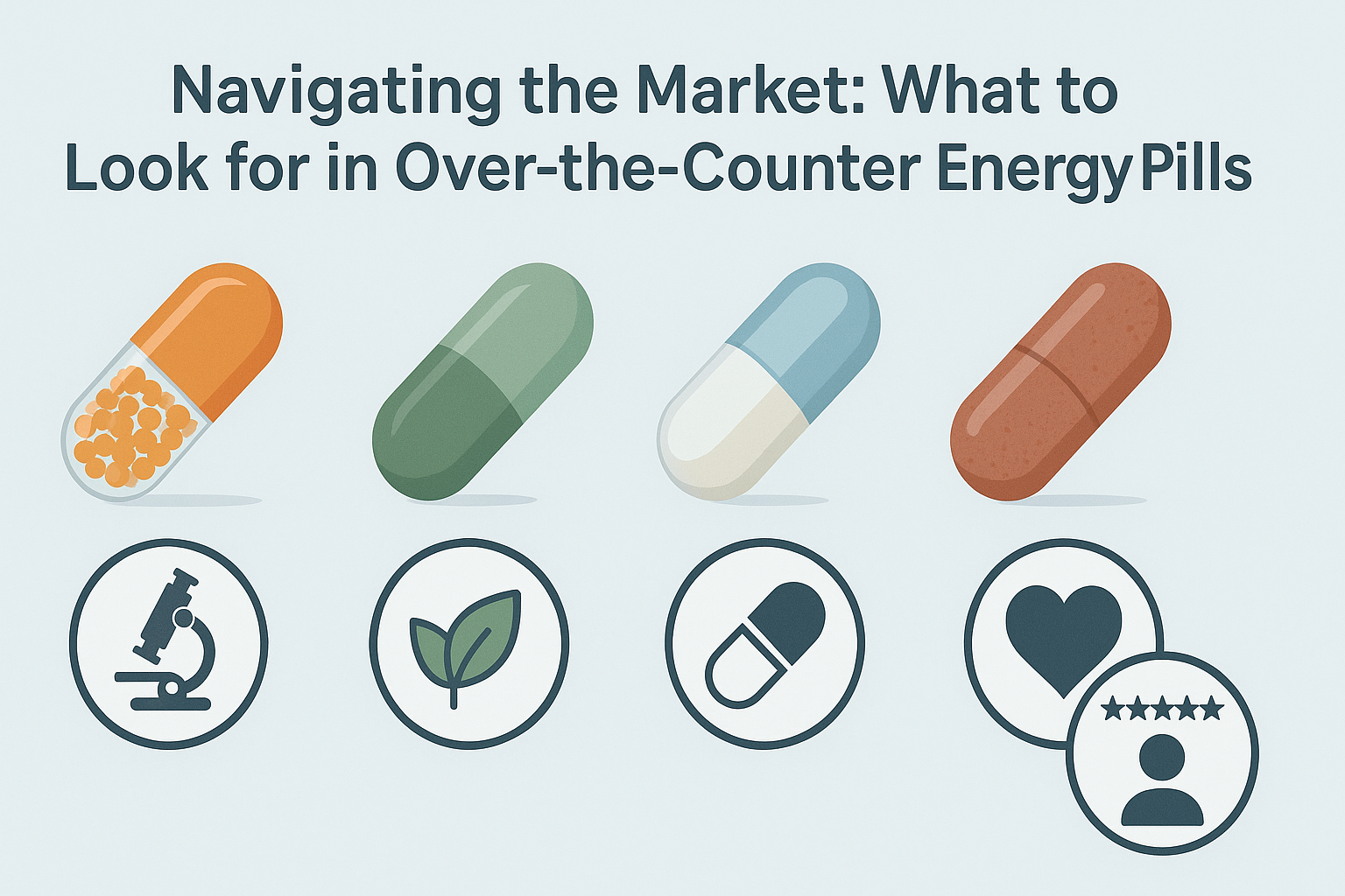 Infographic comparing different types of energy capsules with key criteria like ingredient transparency, third-party lab testing, stimulant vs. non-stimulant, allergen-free, and user reviews, helping consumers choose the best energy capsule.