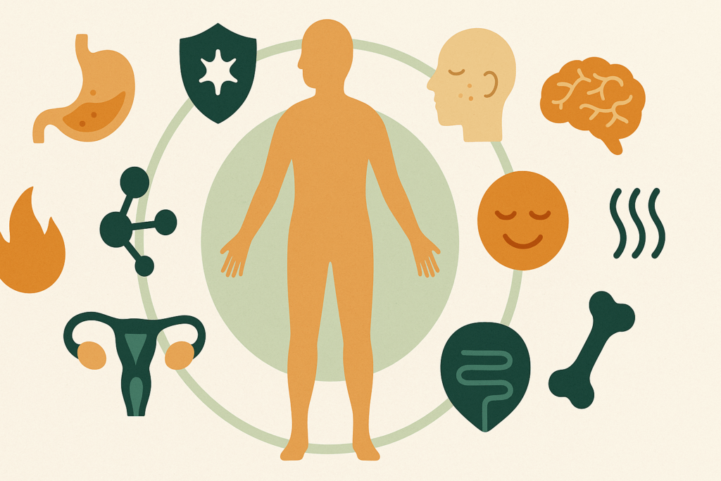 Illustration of a human figure surrounded by icons representing the 10 benefits of probiotics, including digestion, immunity, mood, and skin health