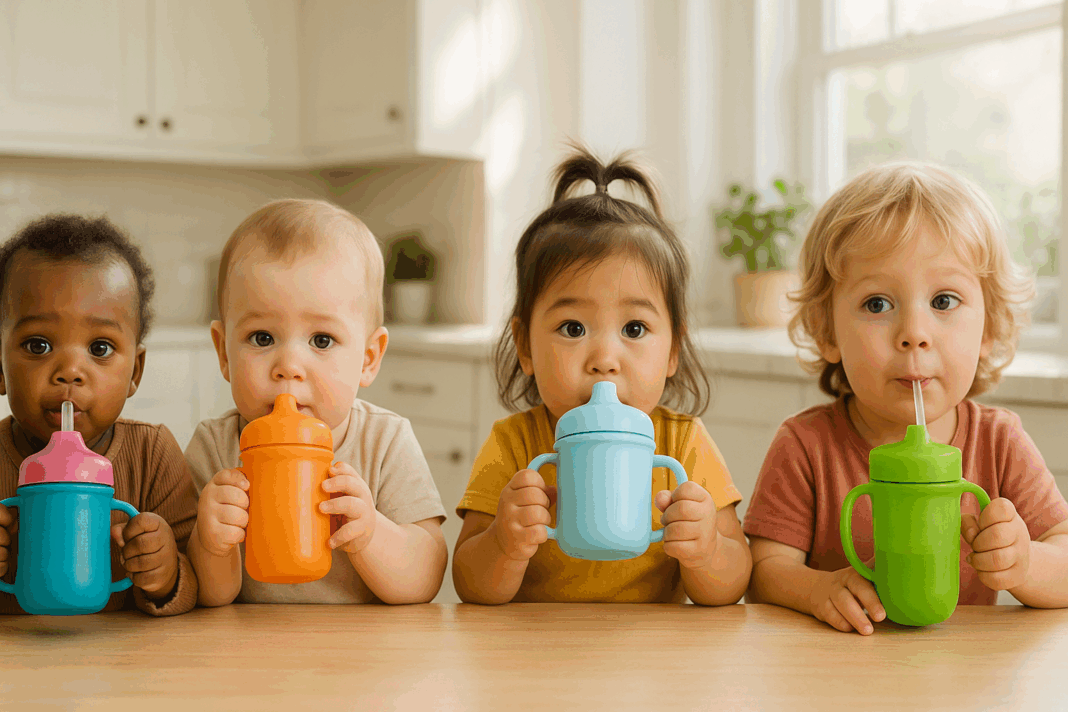 Diverse group of toddlers drinking independently with different types of the best sippy cup in a bright, modern kitchen setting.