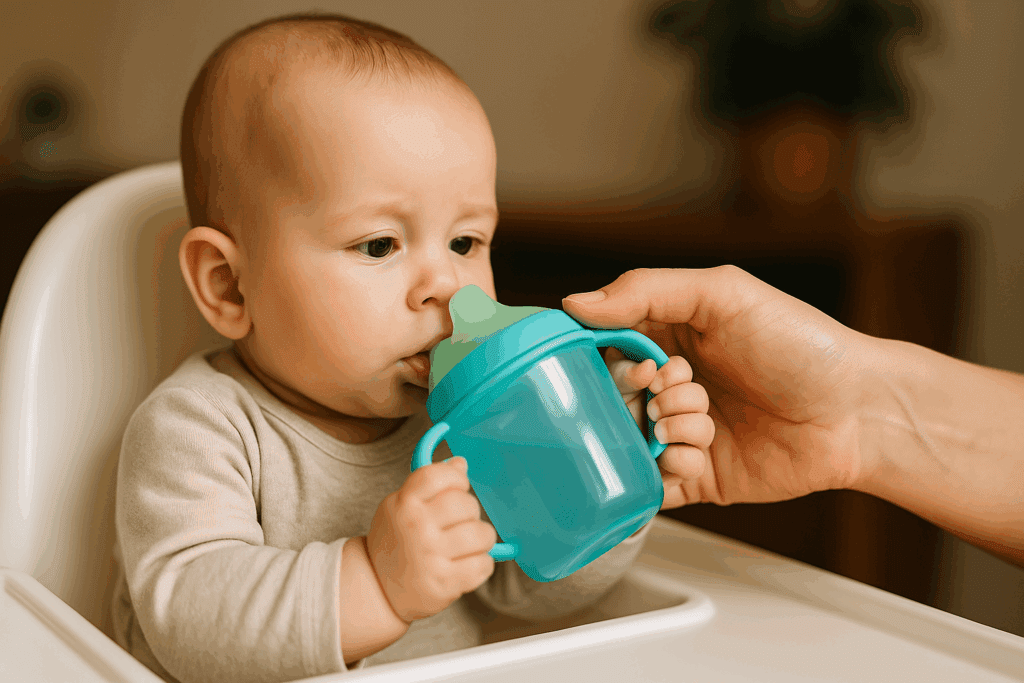 Six-month-old baby in a high chair learning to drink from the best sippy cup with soft spout, guided by a parent's hand