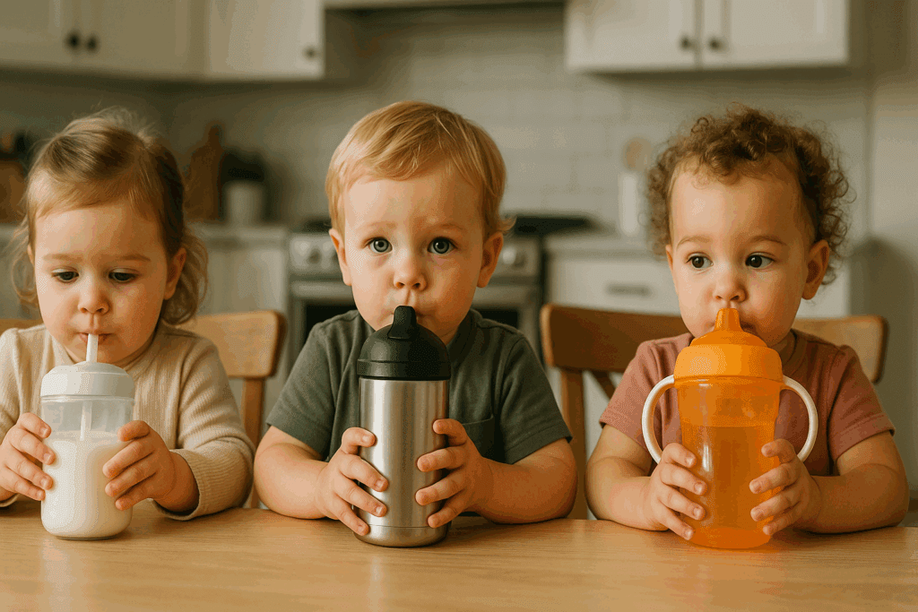 Three toddlers drinking milk, water, and juice from different types of the best sippy cup at a kitchen table.