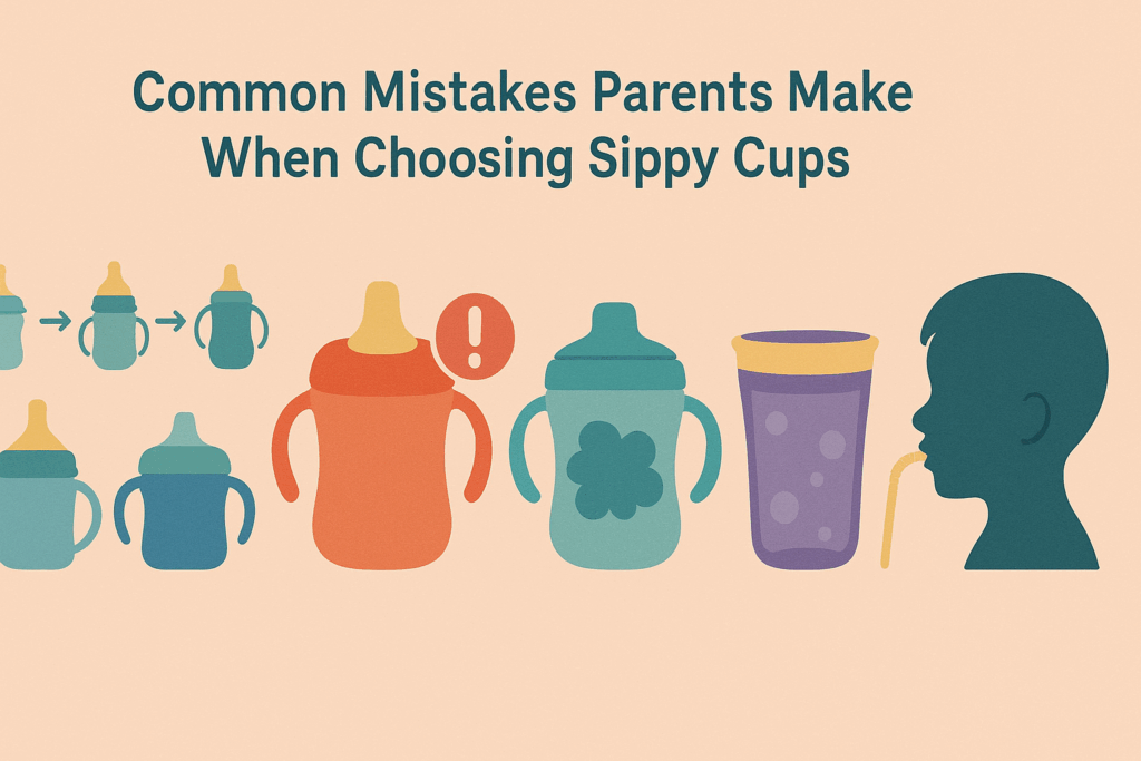 Infographic showing five common mistakes parents make when choosing the best sippy cup, including hard spouts and poor cleaning design