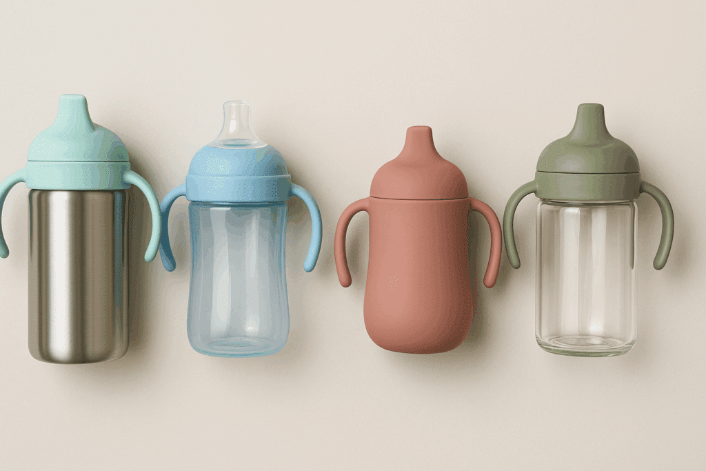 Four types of the best water bottle for toddlers—stainless steel, Tritan plastic, silicone, and glass—arranged side by side on a neutral background.