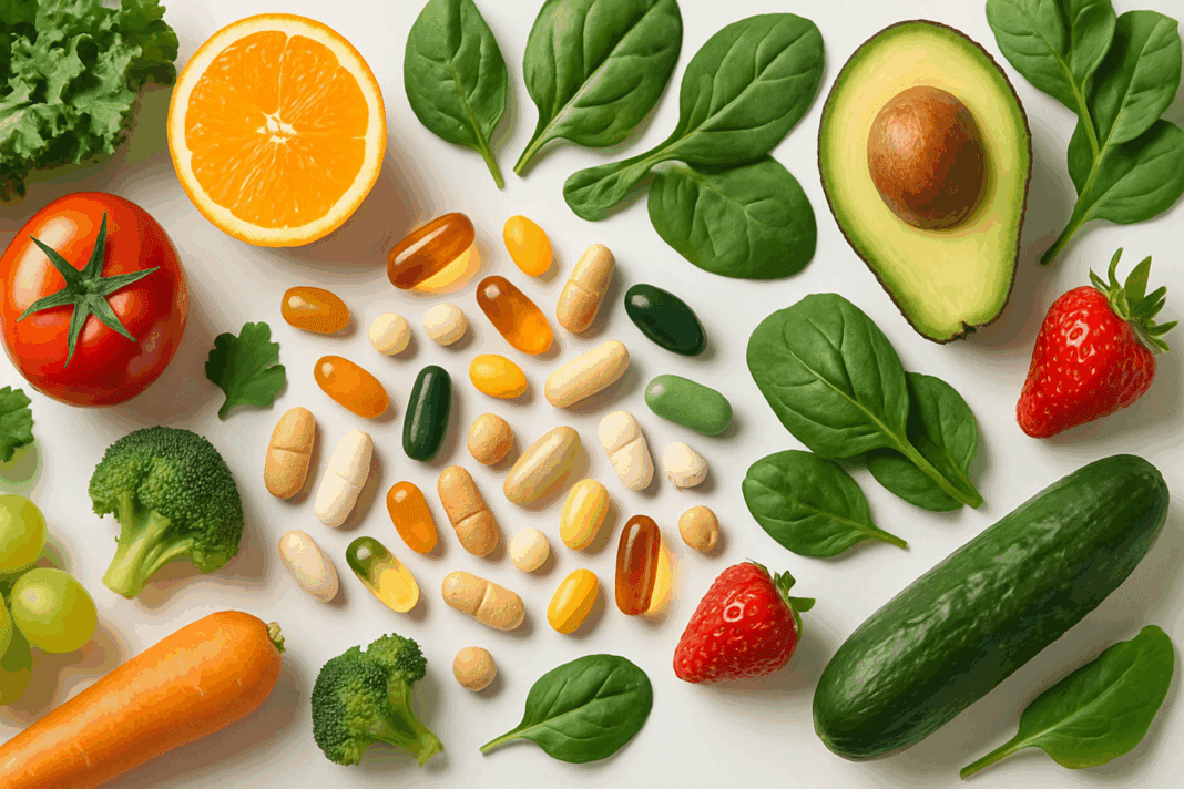 Colorful vitamin capsules and supplements surrounded by fresh fruits and leafy greens on a white background, illustrating what is the best vitamin for daily wellness.