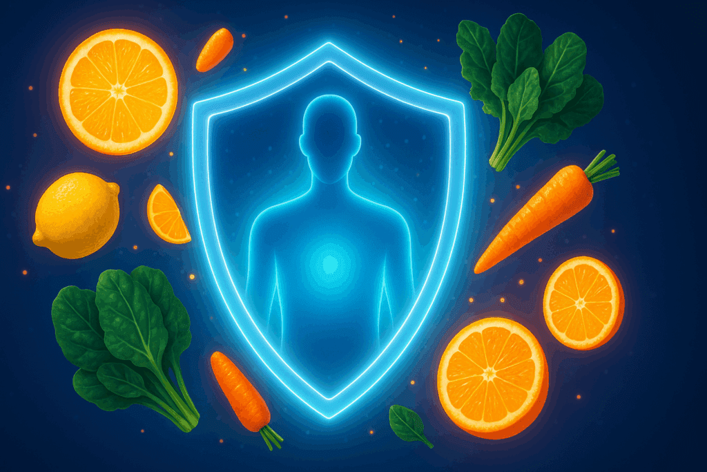 Human silhouette protected by a glowing energy shield, surrounded by citrus fruits, leafy greens, and carrots symbolizing what is the best vitamin for immune support