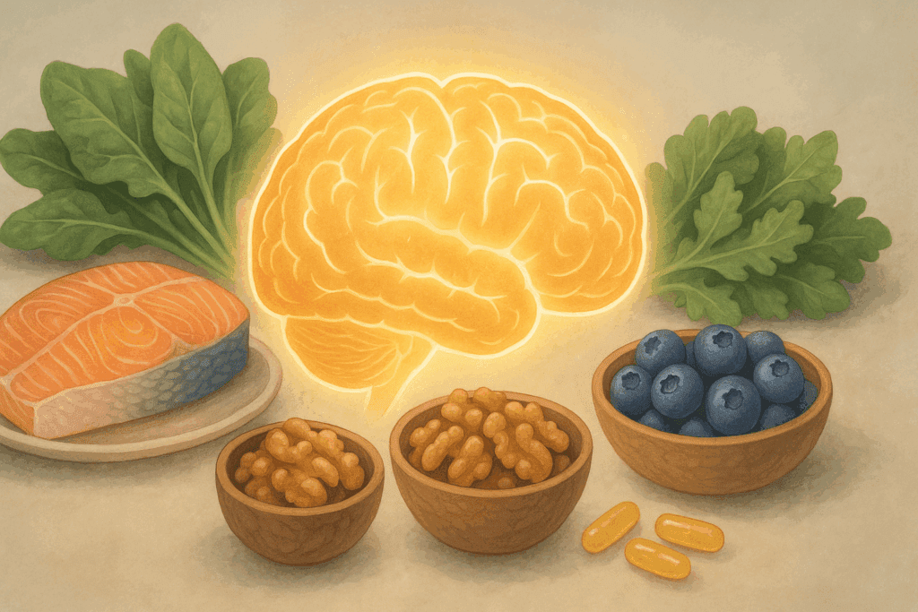 Glowing human brain surrounded by salmon, blueberries, walnuts, leafy greens, and supplement capsules, illustrating what is the best vitamin for cognitive function.