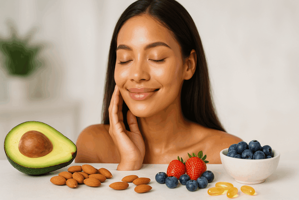 Radiant woman with glowing skin and healthy hair surrounded by avocados, almonds, berries, and supplements, illustrating what is the best vitamin for skin, hair, and nails.