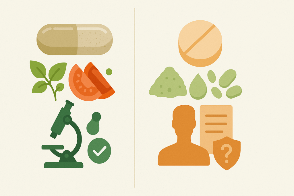 Side-by-side infographic comparing high-quality and low-quality supplements, illustrating what is the best vitamin made of versus inferior alternatives.