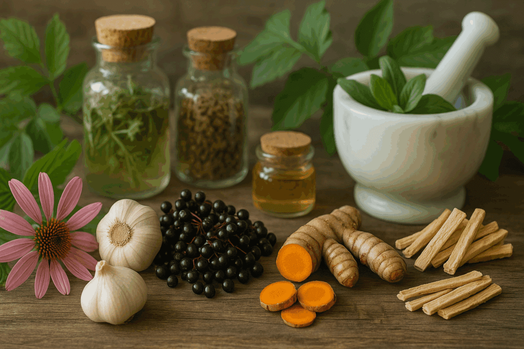 Echinacea, garlic, elderberries, turmeric, and astragalus displayed on a rustic wooden table with leafy greens and jars, representing the best herbs for immunity.