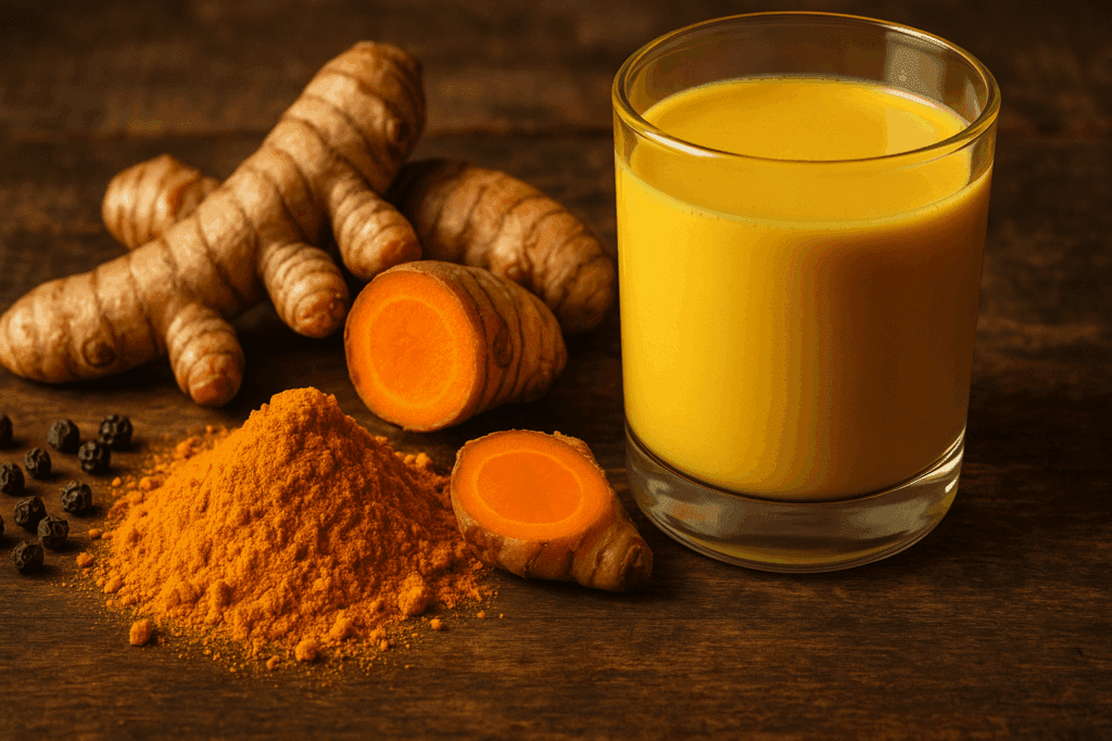 Fresh turmeric roots, ground turmeric, black pepper, and a glass of golden milk on a rustic table, showcasing the best herbs for immunity in culinary and supplement form.