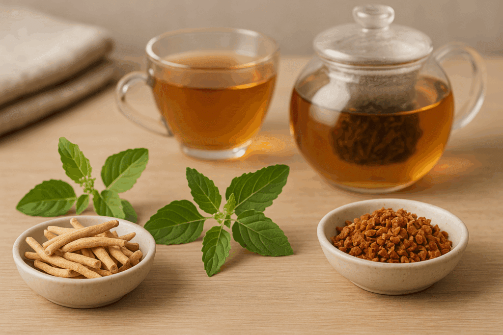 Ashwagandha roots, holy basil leaves, and Rhodiola rosea with herbal tea on a wooden surface—best herbs for immunity displayed in a serene spa setting.