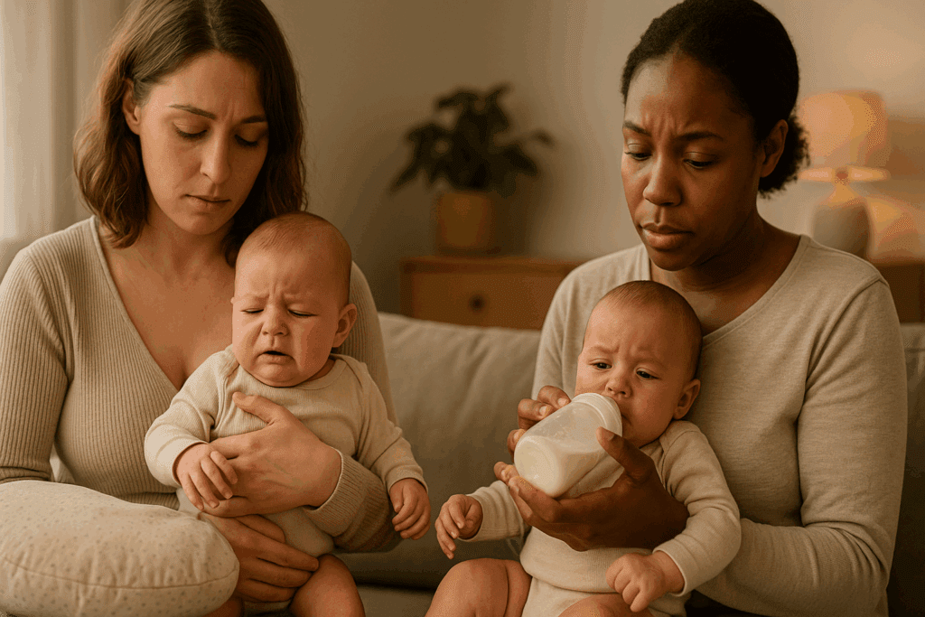 Two caregivers comfort fussy babies in a warm home setting, subtly illustrating concerns around the question: do newborns get allergies.