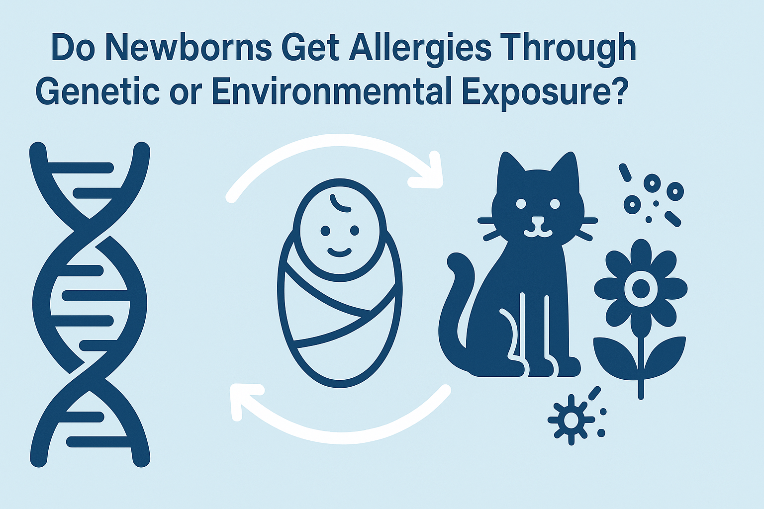 Infographic illustrating the question “do newborns get allergies” with DNA, baby, and environmental icons like cat and pollen.