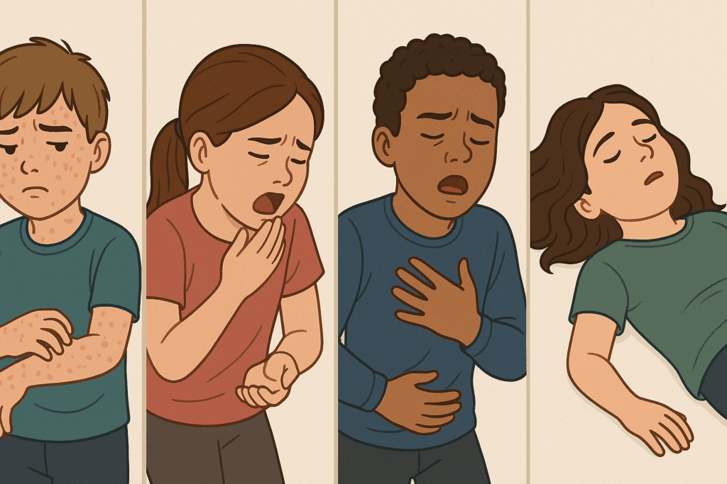 Child progression of allergic reactions: boy with hives, girl vomiting, child wheezing, and girl fainting—illustrating how severe symptoms can escalate and answer the question can I die in sleep from anaphylaxis.